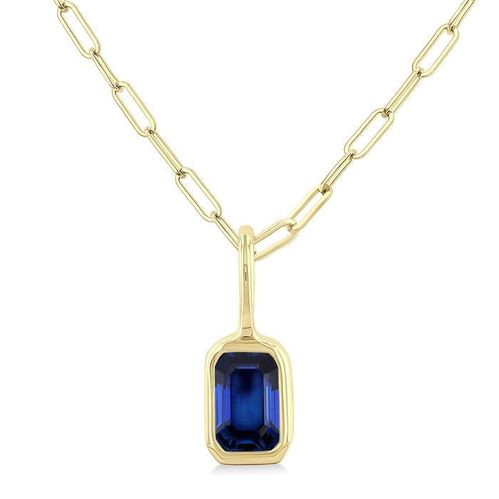 6x4 MM Bezel Set Emerald Cut Sapphire Precious Fashion Pendant With Paperclip Chain in 14K Yellow Gold