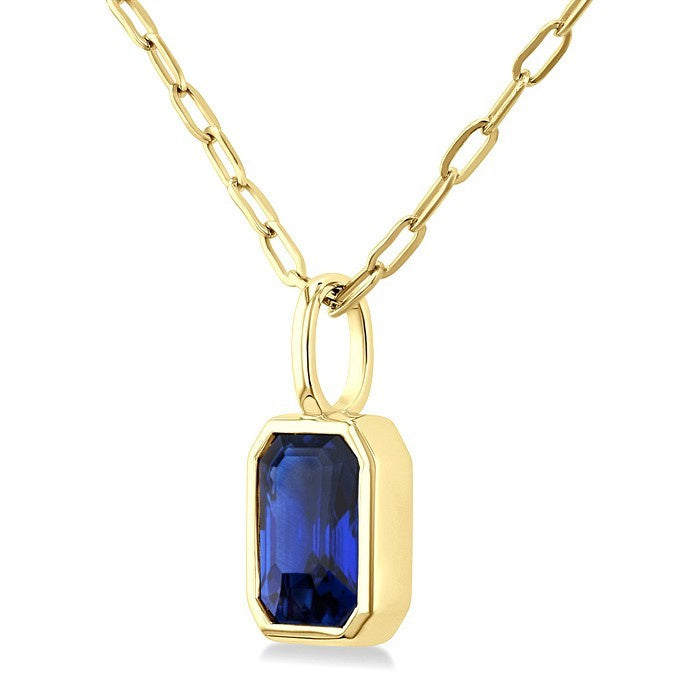 6x4 MM Bezel Set Emerald Cut Sapphire Precious Fashion Pendant With Paperclip Chain in 14K Yellow Gold