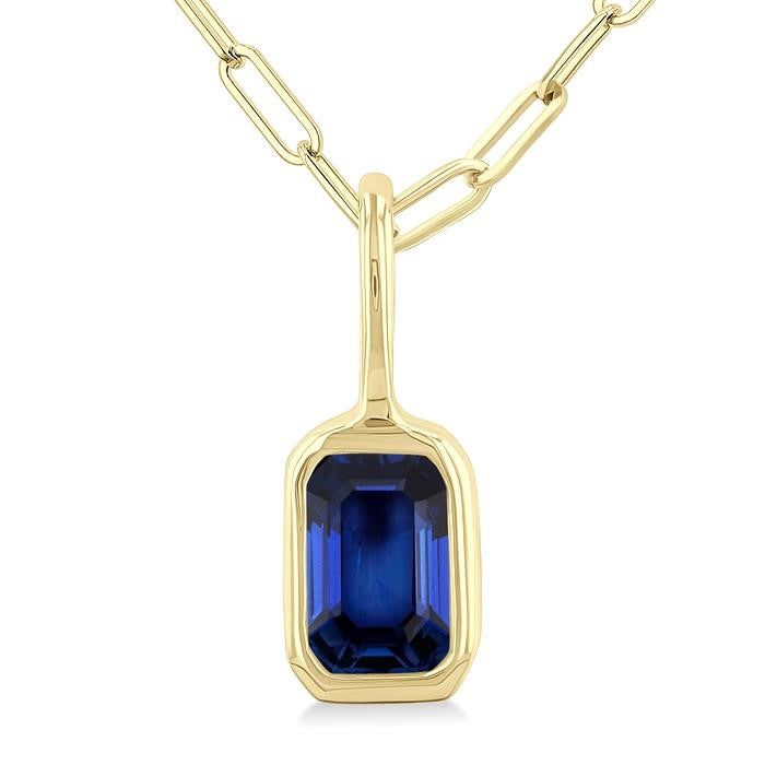 6x4 MM Bezel Set Emerald Cut Sapphire Precious Fashion Pendant With Paperclip Chain in 14K Yellow Gold