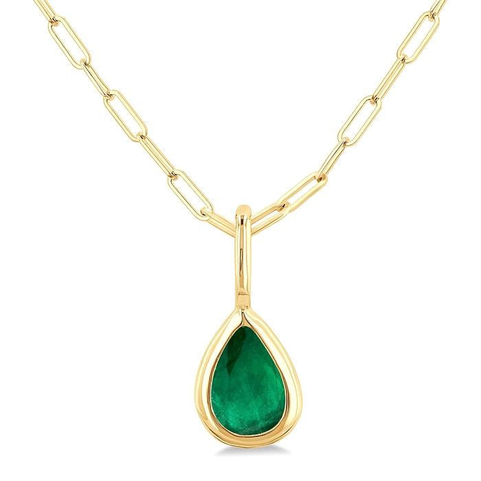 6x4 MM Bezel Set Pear Cut Emerald Precious Fashion Pendant With Paperclip Chain in 10K Yellow Gold