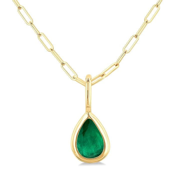 6x4 MM Bezel Set Pear Cut Emerald Precious Fashion Pendant With Paperclip Chain in 10K Yellow Gold