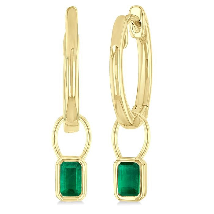 5x3 MM Bezel Set Emerald Precious Fashion Huggie Earrings in 10K Yellow Gold
