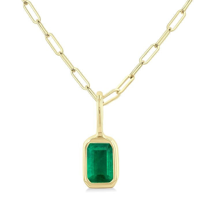 6x4 MM Bezel Set Emerald Precious Fashion Pendant With Paperclip Chain in 10K Yellow Gold