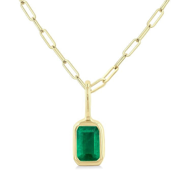 6x4 MM Bezel Set Emerald Precious Fashion Pendant With Paperclip Chain in 10K Yellow Gold