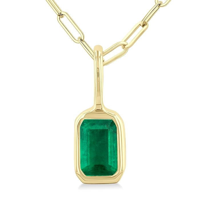 6x4 MM Bezel Set Emerald Precious Fashion Pendant With Paperclip Chain in 10K Yellow Gold