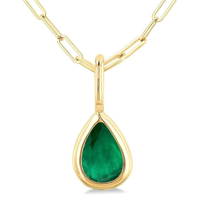 6x4 MM Bezel Set Pear Cut Emerald Precious Fashion Pendant With Paperclip Chain in 10K Yellow Gold