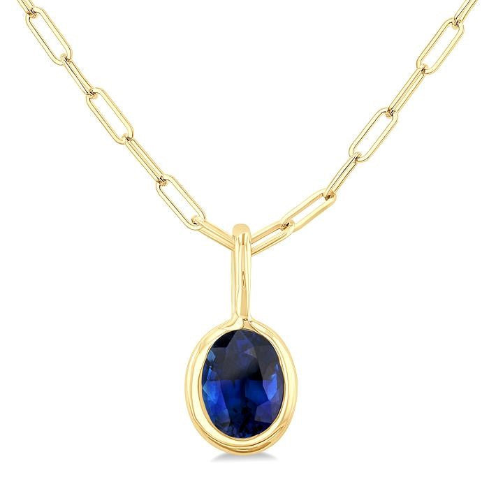 6x4 MM Bezel Set Oval Cut Sapphire Precious Fashion Pendant With Paperclip Chain in 10K Yellow Gold