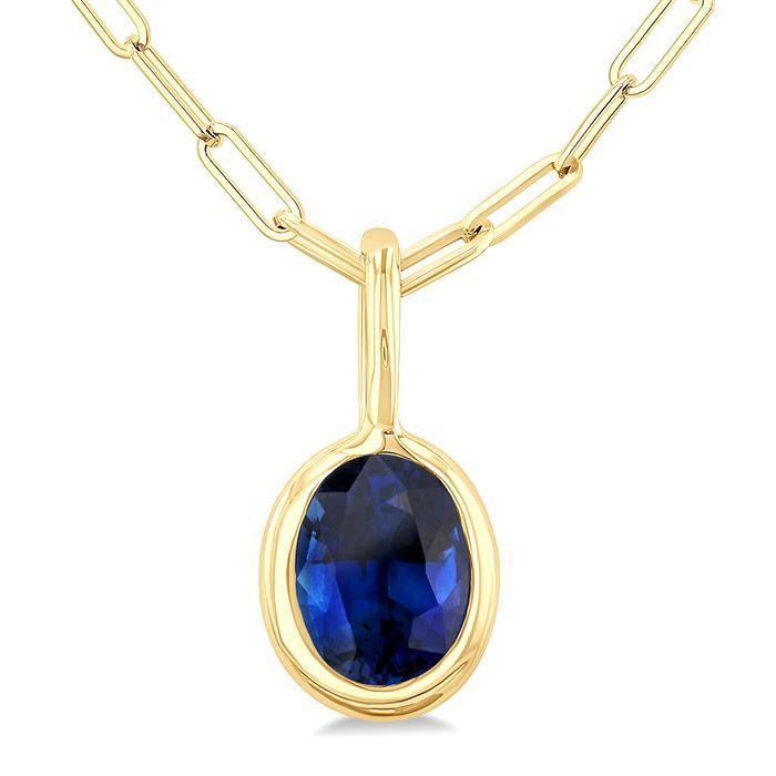 6x4 MM Bezel Set Oval Cut Sapphire Precious Fashion Pendant With Paperclip Chain in 10K Yellow Gold