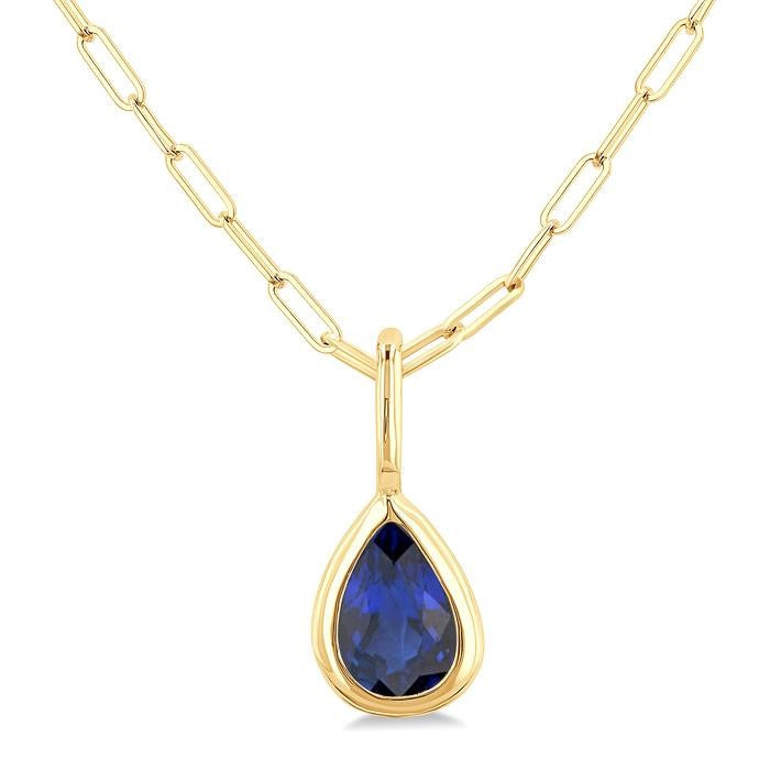 6x4 MM Bezel Set Pear Cut Sapphire Precious Fashion Pendant With Paperclip Chain in 10K Yellow Gold