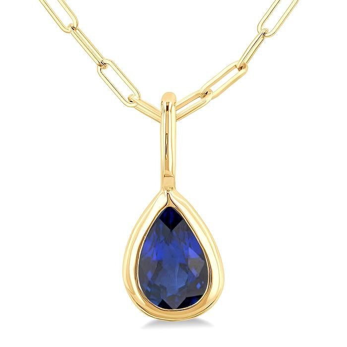 6x4 MM Bezel Set Pear Cut Sapphire Precious Fashion Pendant With Paperclip Chain in 10K Yellow Gold