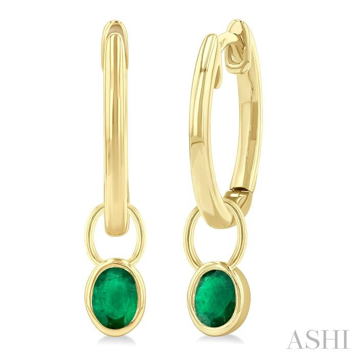 5x3 MM Bezel Set Oval Cut Emerald Precious Fashion Huggie Earrings in 14K Yellow Gold