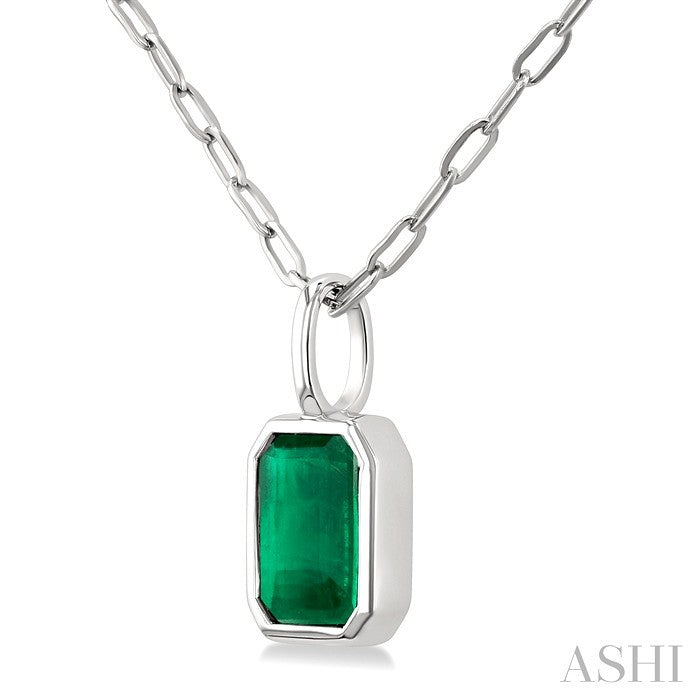 6x4 MM Bezel Set Emerald Cut Precious Fashion Pendant With Paperclip Chain in 14K White Gold