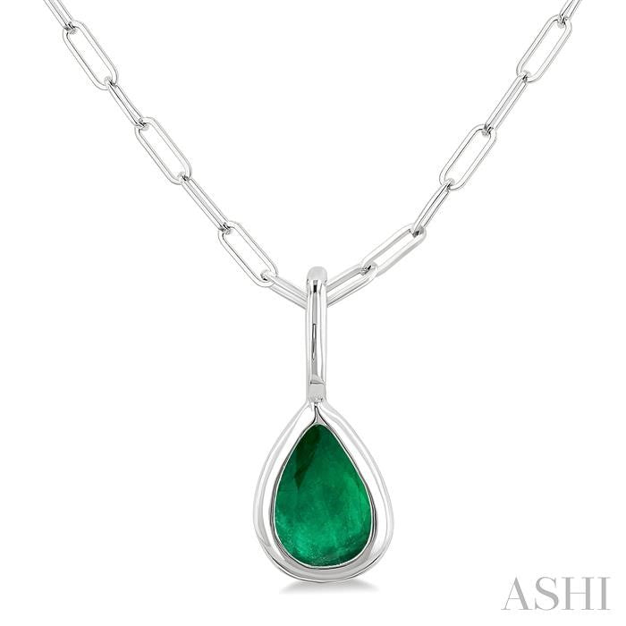 6x4 MM Bezel Set Pear Cut Emerald Precious Fashion Pendant With Paperclip Chain in 14K White Gold
