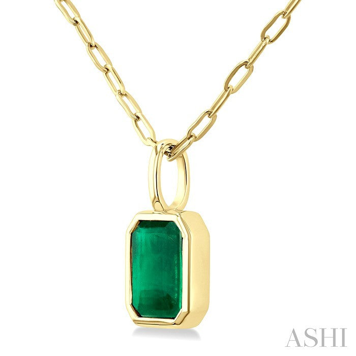 6x4 MM Bezel Set Emerald Cut Precious Fashion Pendant With Paperclip Chain in 14K Yellow Gold