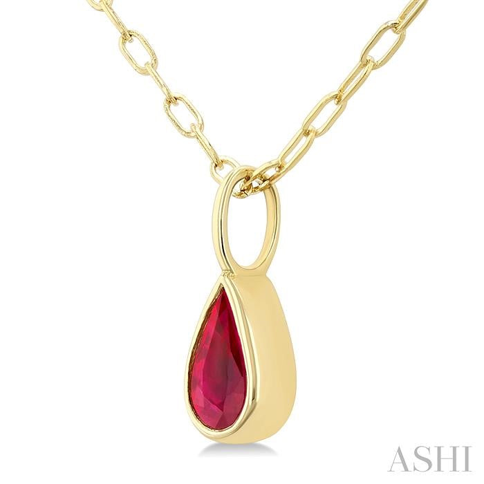 6x4 MM Bezel Set Pear Cut Ruby Precious Fashion Pendant With Paperclip Chain in 14K Yellow Gold