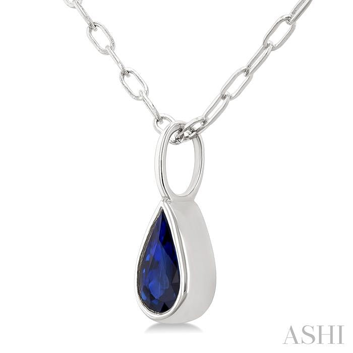 6x4 MM Bezel Set Pear Cut Sapphire Precious Fashion Pendant With Paperclip Chain in 14K White Gold
