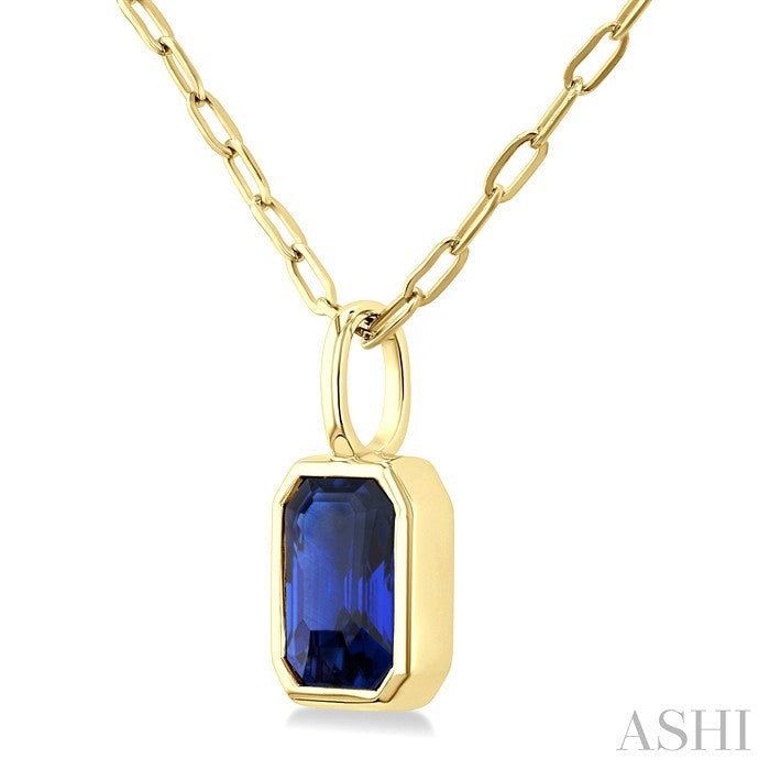 6x4 MM Bezel Set Emerald Cut Sapphire Precious Fashion Pendant With Paperclip Chain in 14K Yellow Gold