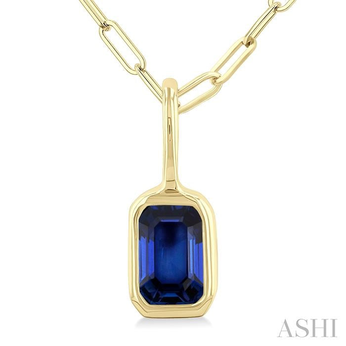 6x4 MM Bezel Set Emerald Cut Sapphire Precious Fashion Pendant With Paperclip Chain in 14K Yellow Gold