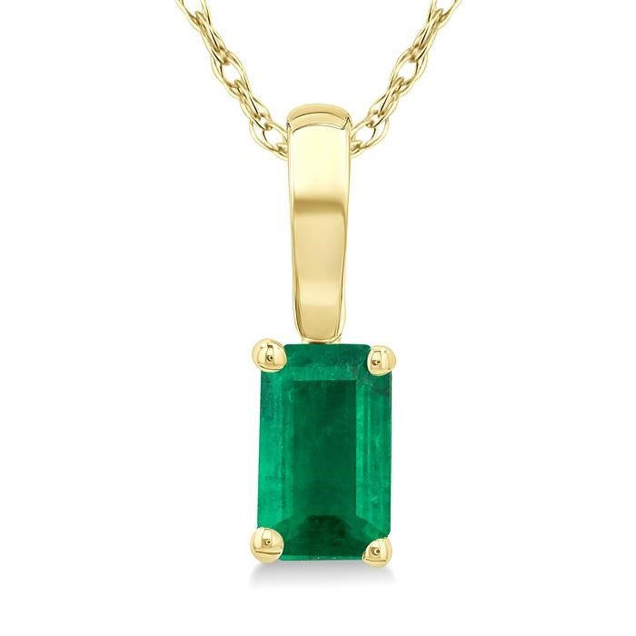 5X3 MM Octagon Shape Emerald Precious Solitaire Pendant With Chain in 14K Yellow Gold