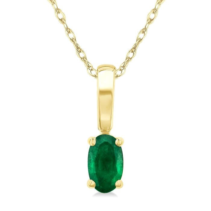 5X3 MM Oval Shape Emerald Precious Solitaire Pendant With Chain in 14K Yellow Gold