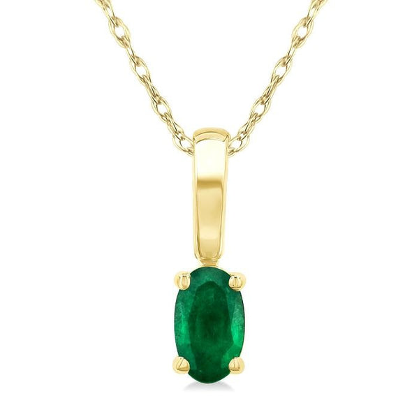 5X3 MM Oval Shape Emerald Precious Solitaire Pendant With Chain in 14K Yellow Gold