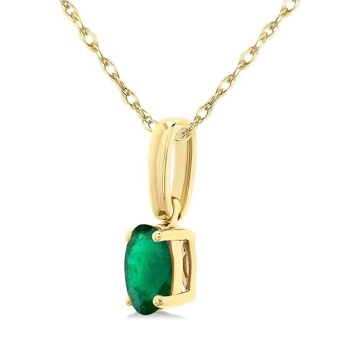 5X3 MM Oval Shape Emerald Precious Solitaire Pendant With Chain in 14K Yellow Gold
