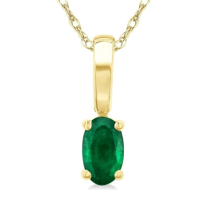 5X3 MM Oval Shape Emerald Precious Solitaire Pendant With Chain in 14K Yellow Gold
