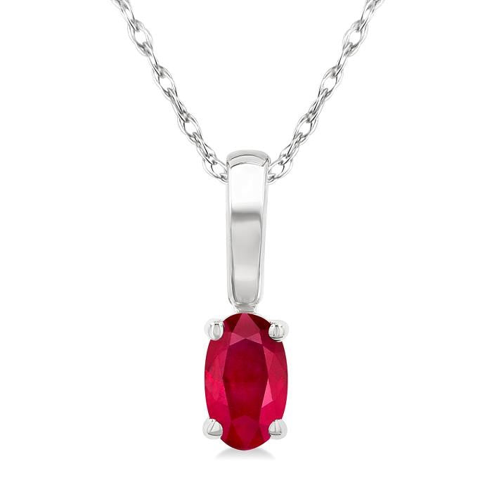 5X3 MM Oval Shape Ruby Precious Solitaire Pendant With Chain in 14K White Gold
