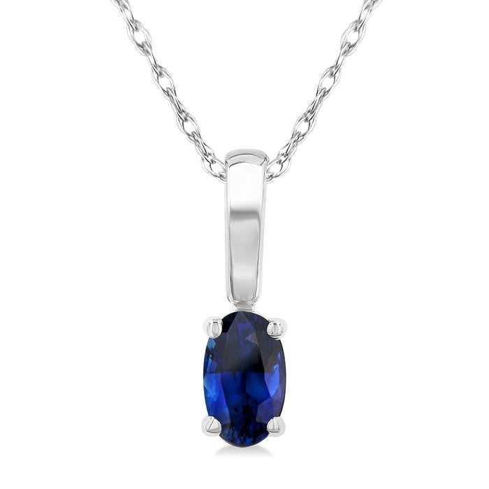 5X3 MM Oval Shape Sapphire Precious Solitaire Pendant With Chain in 14K White Gold