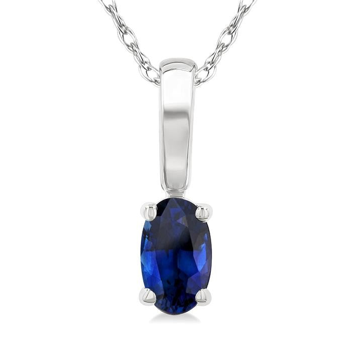 5X3 MM Oval Shape Sapphire Precious Solitaire Pendant With Chain in 14K White Gold