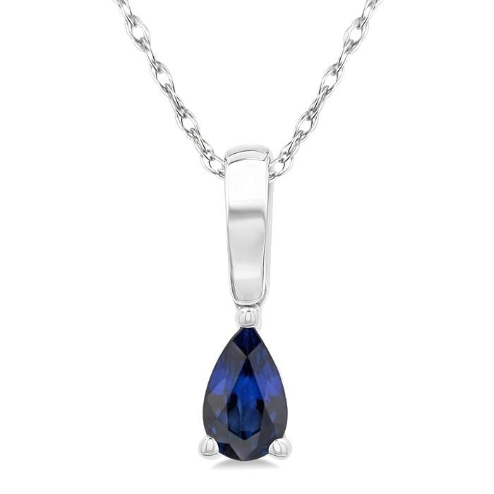 5X3 MM Pear Shape Sapphire Precious Solitaire Pendant With Chain in 14K White Gold