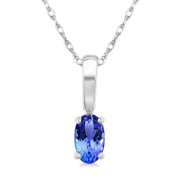 5X3 MM Oval Shape Tanzanite Precious Solitaire Pendant With Chain in 14K White Gold