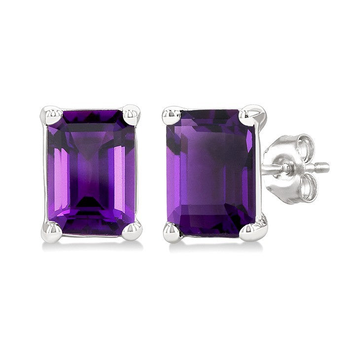 4X3 MM Octagon Shape Amethyst Semi-Precious Stud Earrings in 10K White Gold