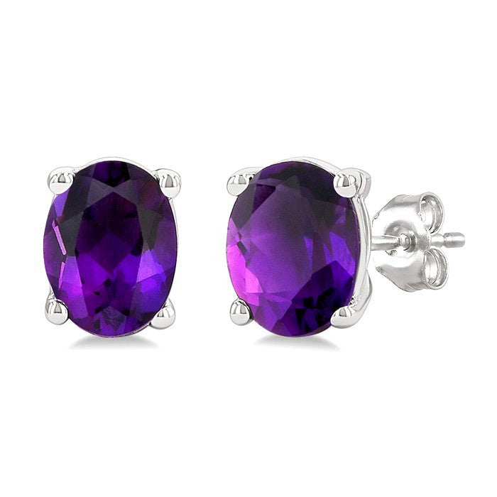 4X3 MM Oval Shape Amethyst Semi-Precious Stud Earrings in 10K White Gold