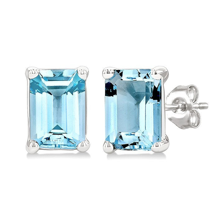 4X3 MM Octagon Shape Aquamarine Semi-Precious Stud Earrings in 10K White Gold