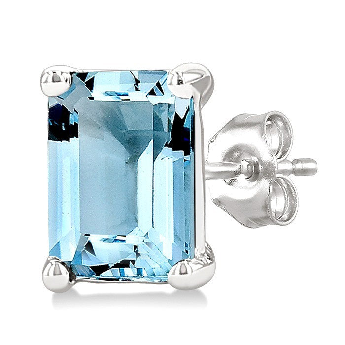 4X3 MM Octagon Shape Aquamarine Semi-Precious Stud Earrings in 10K White Gold