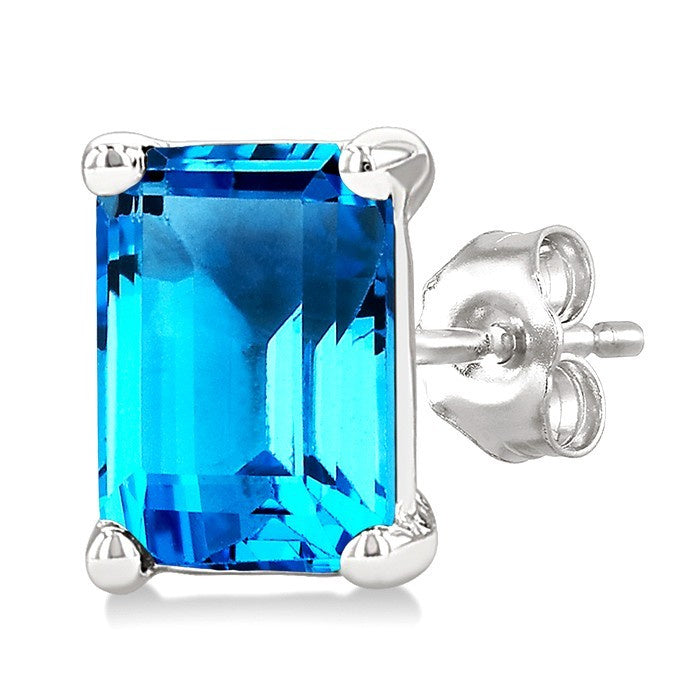 4X3 MM Octagon Shape Blue Topaz Semi-Precious Stud Earrings in 10K White Gold