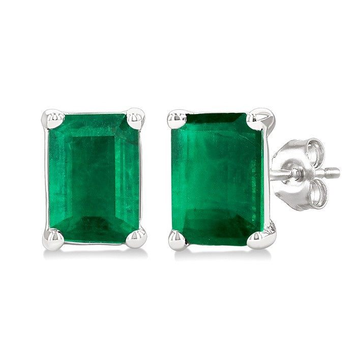 4X3 MM Octagon Shape Emerald Precious Stud Earrings in 10K White Gold