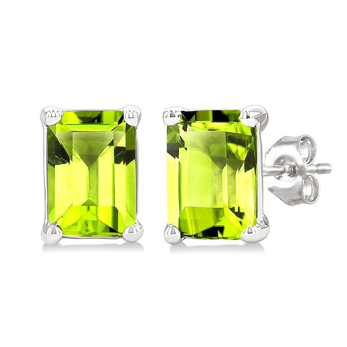 4X3 MM Octagon Shape Peridot Semi-Precious Stud Earrings in 10K White Gold