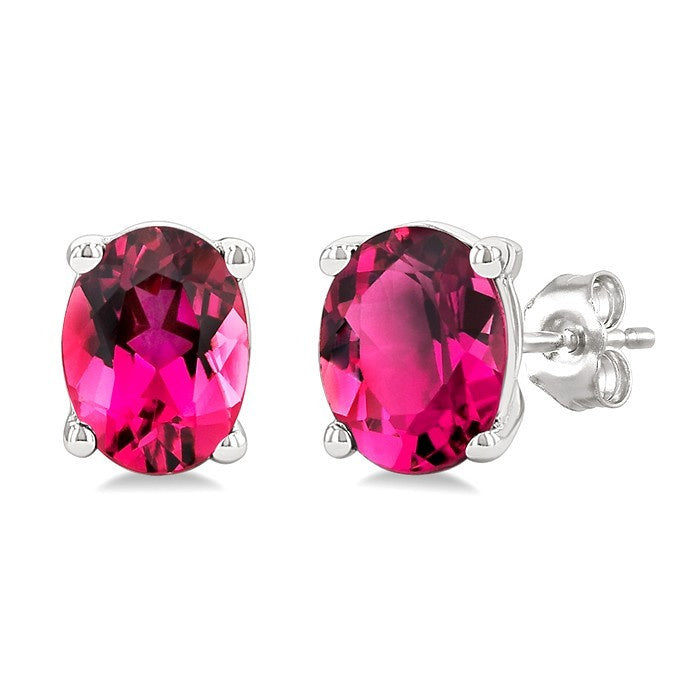 4X3 MM Oval Shape Pink Tourmaline Semi-Precious Stud Earrings in 10K White Gold