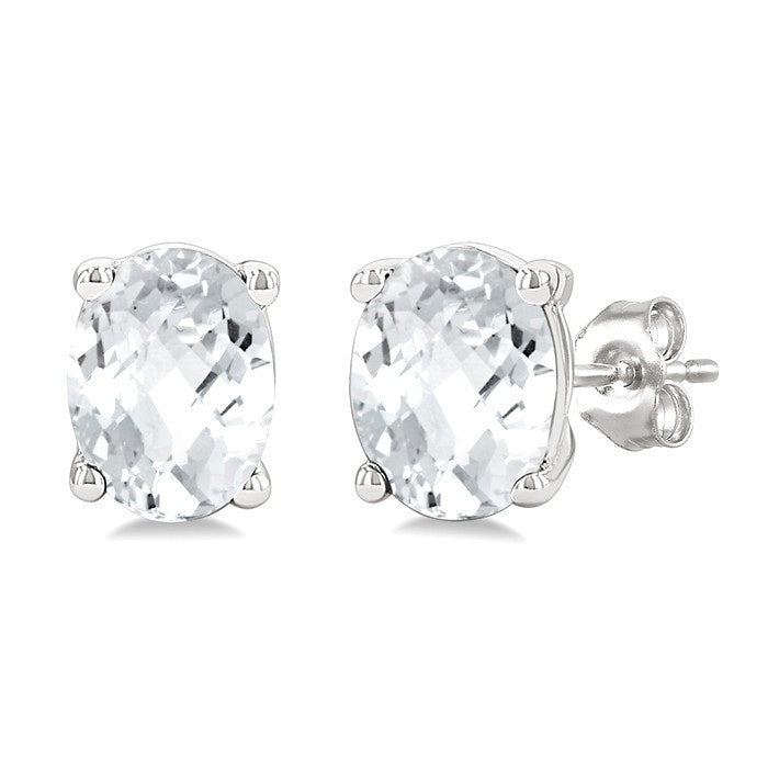 4X3 MM Oval Shape White Topaz Semi-Precious Stud Earrings in 10K White Gold