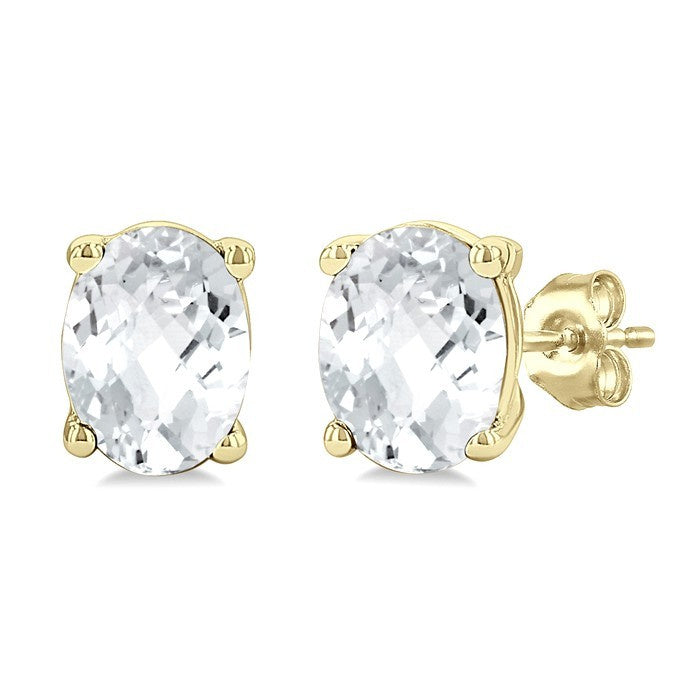 4X3 MM Oval Shape White Topaz Semi-Precious Stud Earrings in 10K Yellow Gold