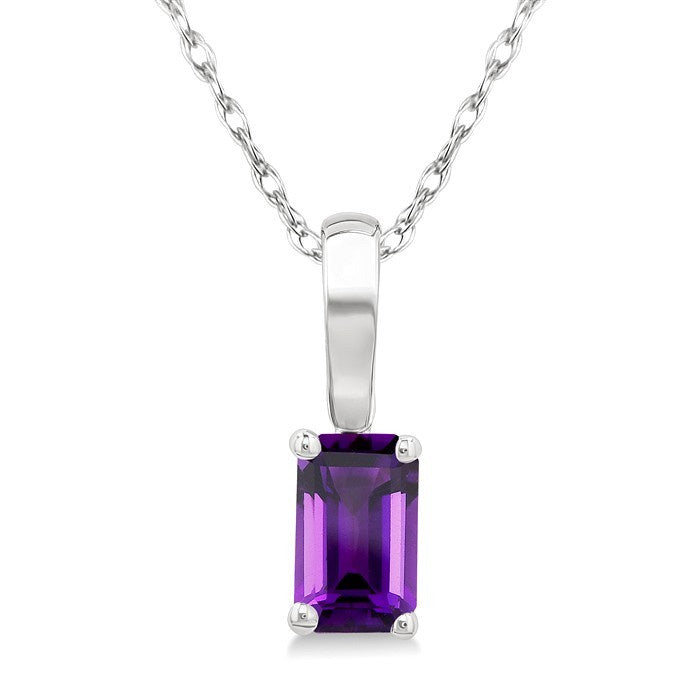 5X3 MM Octagon Shape Amethyst Semi-Precious Solitaire Pendant With Chain in 10K White Gold