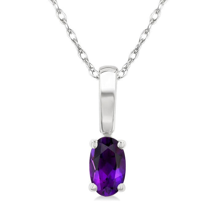 5X3 MM Oval Shape Amethyst Semi-Precious Solitaire Pendant With Chain in 10K White Gold