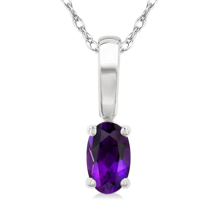 5X3 MM Oval Shape Amethyst Semi-Precious Solitaire Pendant With Chain in 10K White Gold