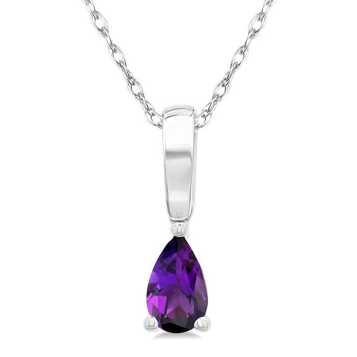 5X3 MM Pear Shape Amethyst Semi-Precious Solitaire Pendant With Chain in 10K White Gold