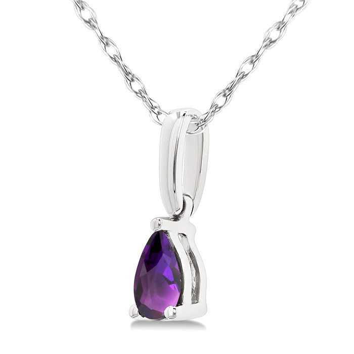 5X3 MM Pear Shape Amethyst Semi-Precious Solitaire Pendant With Chain in 10K White Gold