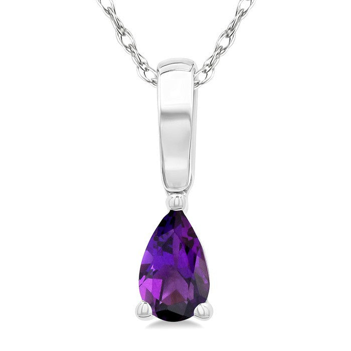 5X3 MM Pear Shape Amethyst Semi-Precious Solitaire Pendant With Chain in 10K White Gold