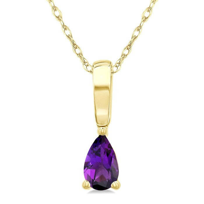 5X3 MM Pear Shape Amethyst Semi-Precious Solitaire Pendant With Chain in 10K Yellow Gold