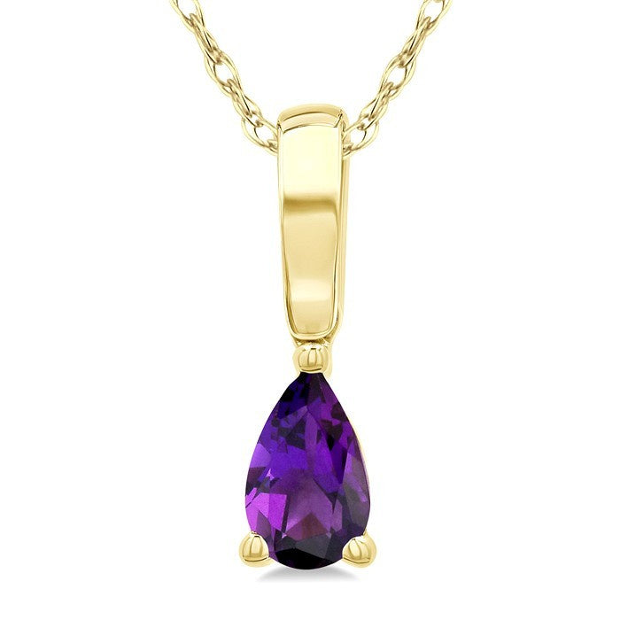 5X3 MM Pear Shape Amethyst Semi-Precious Solitaire Pendant With Chain in 10K Yellow Gold